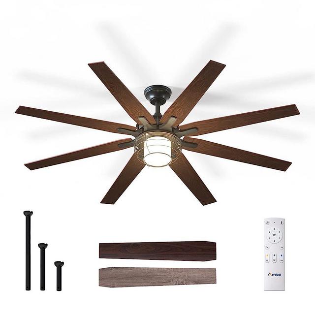 Amico Ceiling Fans with Lights, 66'' Classical Ceiling Fan with Remote Control, Reversible DC Motor, 8 Blades, 6 Speeds, 3CCT, Dimmable, Noiseless, Ceiling Fan for Bedroom, Living Room, Farmhouse