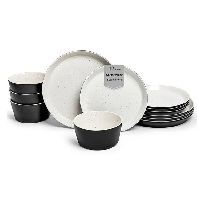 Sango 12-Piece Stoneware Dinnerware Set for 4, Modern White & Black Plates and Bowls Sets with Speckled Glaze, Durable Kitchen Ceramic Dish Set, Microwave & Dishwasher Safe Everyday Dishes, Stockholm