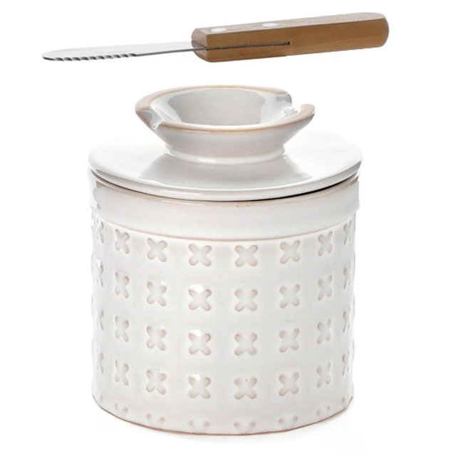 Nucookery Ceramic Butter Crock with Lid – Embossed French-Style Butter Keeper for Countertop, Water-Seal Design Keeps Butter Fresh & Spreadable | Farmhouse Kitchen & Housewarming Gift (X Texture)