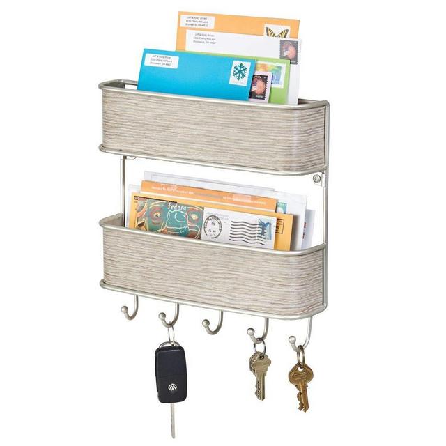 mDesign Wall Mount Metal Mail Organizer Storage Basket - 2 Tiers, 5 Hooks - for Entryway, Mudroom, Hallway, Kitchen, Office - Holds Letters, Magazines, Coats, Keys - Satin/Gray Wood Finish