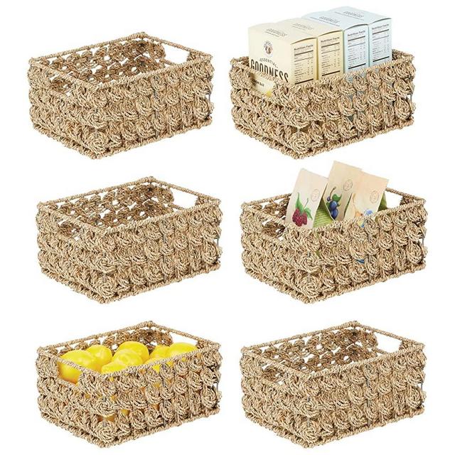 mDesign Seagrass Woven Rectangular Storage Organizer Basket Bin w/Handles - for Organizing Kitchen, Pantry, Bathroom Shelves - Holds Can Food, Pasta - 6 Pack - Natural