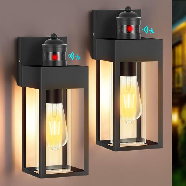 LWSOY Motion Sensor Outdoor Wall Lanterns, 2 Packs Dusk to Dawn Sensor Light Fixture, Aluminum Waterproof Exterior Front Porch Lights for Garage Patio Garden House Entryway