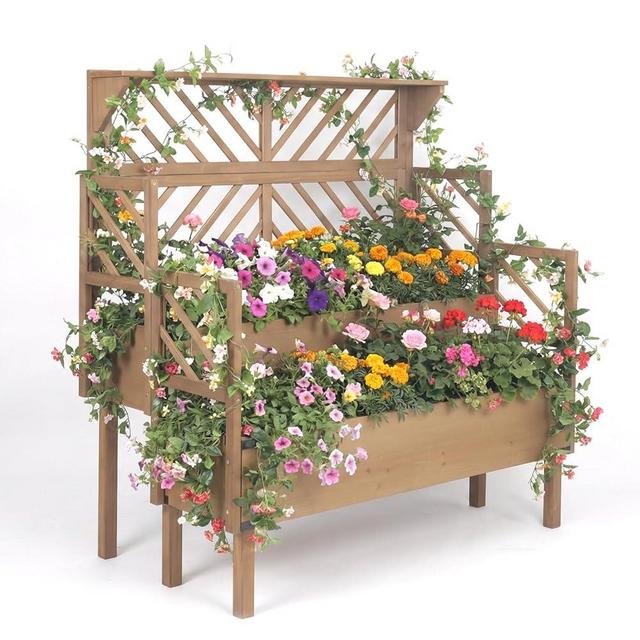 Raised Garden Bed with Trellis & 2 Planter Boxes, Elevated Planter Box with Drainage Slits Liner & Top Shelf, for Climbing Plants, Flowers, Vegetables, Herbs, Backyard Balcony Patio