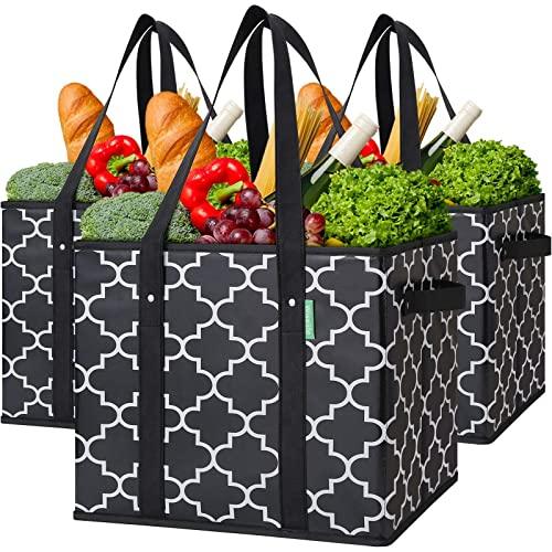 WiseLife Reusable Grocery Bags 3-Pack Collapsible Shopping Bags Storage Bins Basket, Water Resistant Utility Tote w/Rigid Structure, Reinforced Riveted Handle(14”x11”x12”, Black)