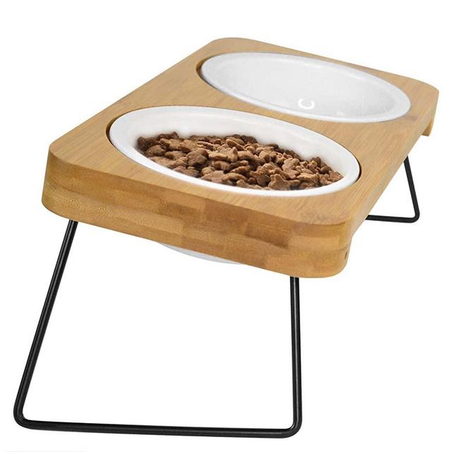 PLUROOF Ceramic Elevated 15°Tilted Cat Bowls, Cat Raised Food and Water Feeding Dishes Bowls, Non-Slip Metal Frame Stand Feeder Bowl Set for Cats and Small Size Dogs