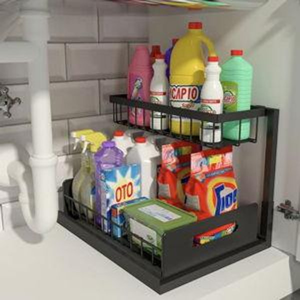 REALINN Under Sink Organizer, Pull Out Cabinet Storage 2 Tier Slide Out Sink Shelf, Kitchen Organizers and Storage, Black, 1 Pack