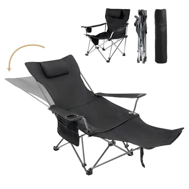 Reclining Camping Chair with Removable Footrest, Adjustable Camping Lounge Beach Chair with Padded Headrest, Cup Holder & Carry Bag, Camp Chair with Foot Rest Lawn Chairs for Camp, Fishing,Office