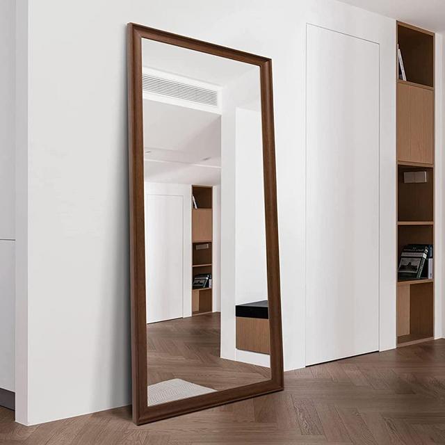 TheiaMo Full Length Mirror Wood Frame, 65×22in Floor Mirror Full Body Mirror with Standing Holder Hanging Wall Mirror, Stand Large HD Mirror, Dressing Mirror for Bedroom/Living Room, Walnut