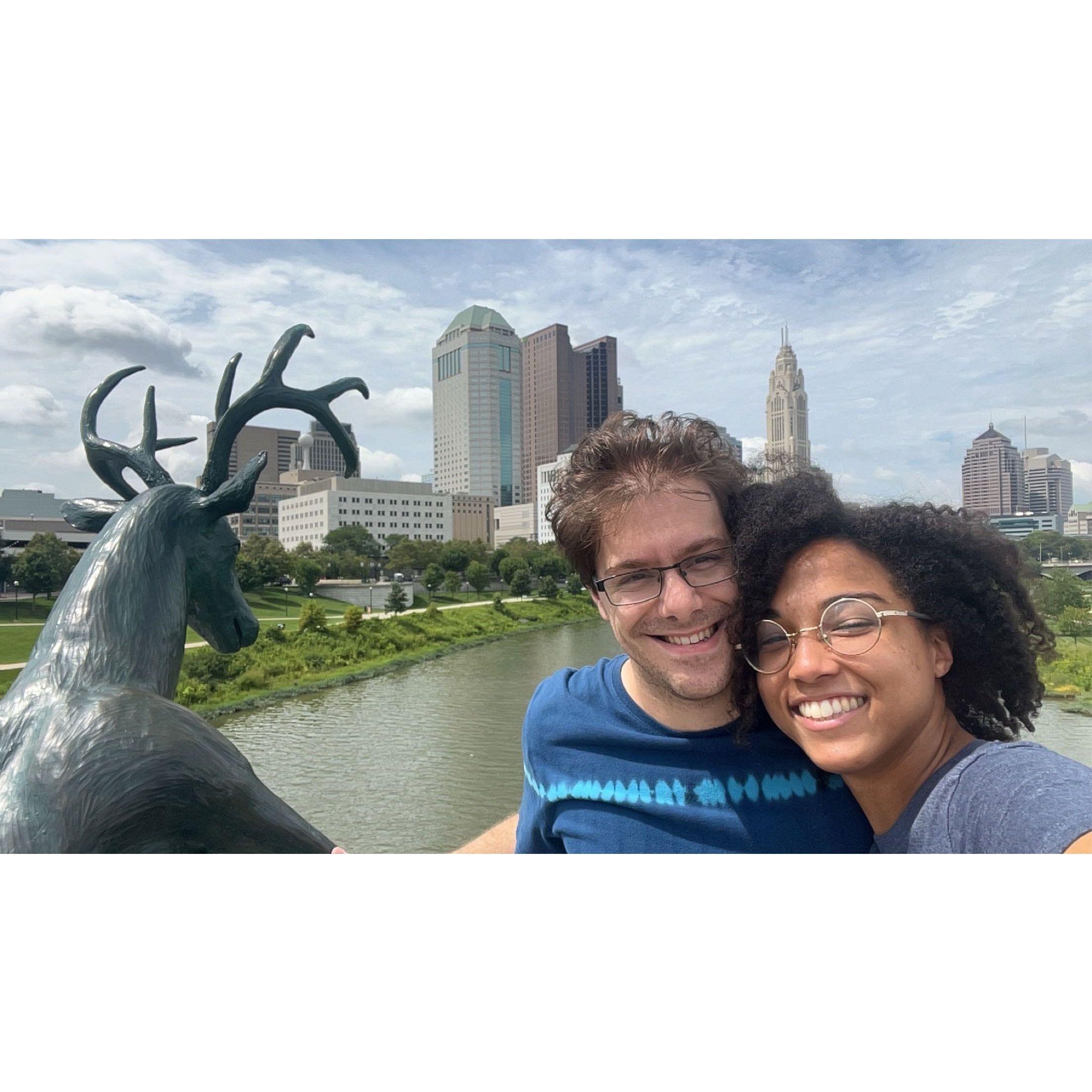 Our pic with the iconic Columbus Statue on the Scioto Mile