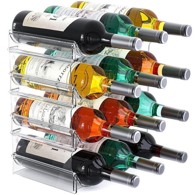 Plastic Water Bottle Organizer and Wine Rack Storage Holder,4 Tier 12 Containers Stackable Free-Standing Bottle Storage Rack for Kitchen Countertops, Table Top, Pantry, Bars, Cabinets, Fridge - Clear