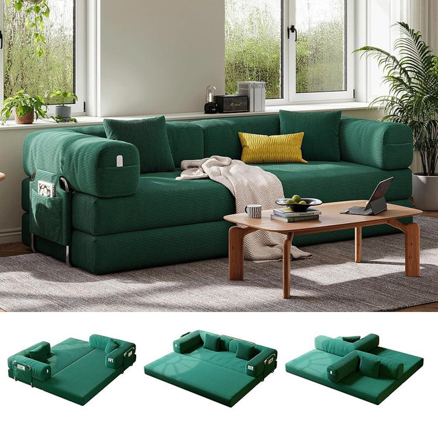 5-in-1 Folding Convertible Sofa Bed, Loveseat Sleeper with Pull-Out Bed, Floor Sofa Modular Futon Couch, 79" Oversized Corduroy Upholstered Boneless Couch for Living Room, Bedroom, Lounge, Green-A