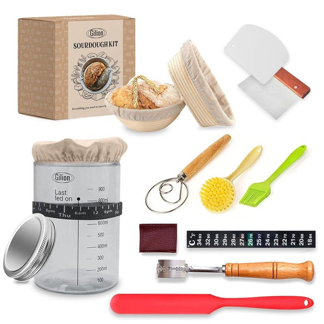 Gilion Sourdough Bread Proofing Kit, Set of 2 10 inch Banneton basket, Sour dough Baking Supplies with lame, dutch whisk, and 1000 mL sourdough starter fermentation jar