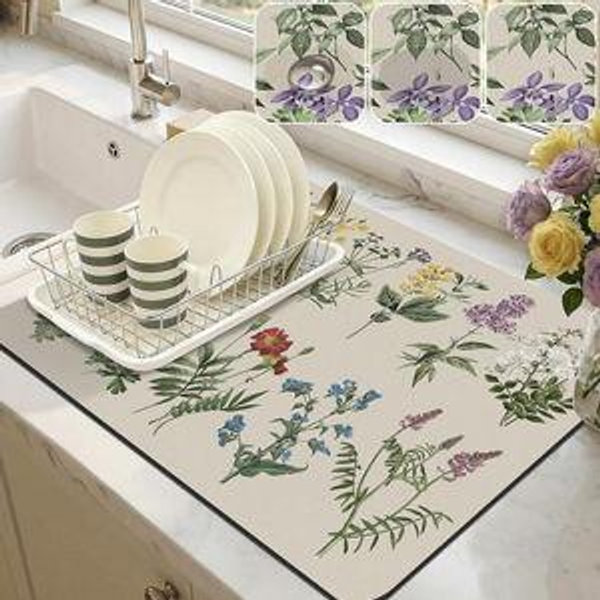 LOKHOM Dish Drying Mat for Kitchen Counter - 16"x20", Plants Herbs