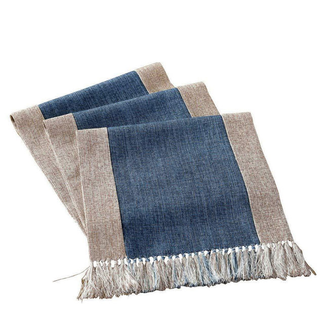 HomeyHo Rustic Table Runner with Fringe Dinning End Table Runner for Living Room Heavy Linen Table Runner Long Table Runner Modern Design Washable Table Runner Long, 15 x 71 Inch, Blue