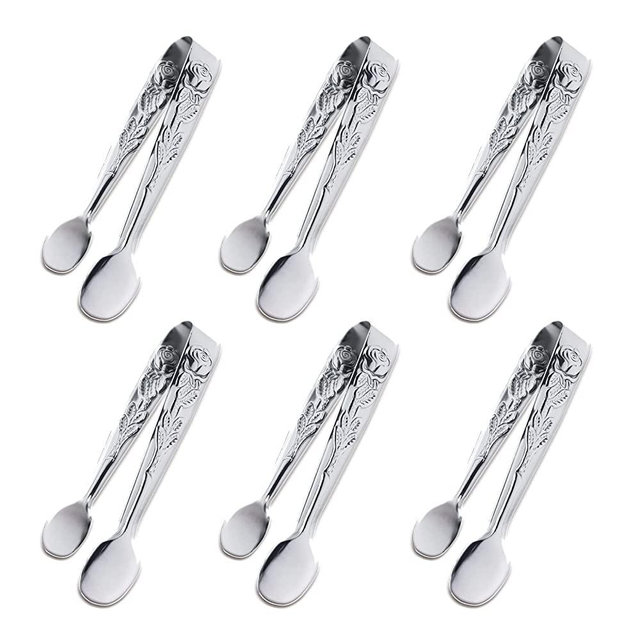 6PCS Mini Serving Tongs, 4Inch Rose Stainless Steel Sugar Cube Tongs, Sliver Small Ice Tongs for Tea and Coffee Party, Appetizers, Desserts by Sunenlyst (6PCS Silver)