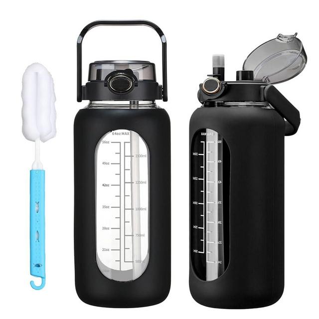 chunmo 64oz Glass Water Bolttles with Straw Half Gallon Large Motivational Water Bottle with Time Marker Sports Water Bottles with Silicone Sleeve and Handle Lid Water Jug for Gym Workout