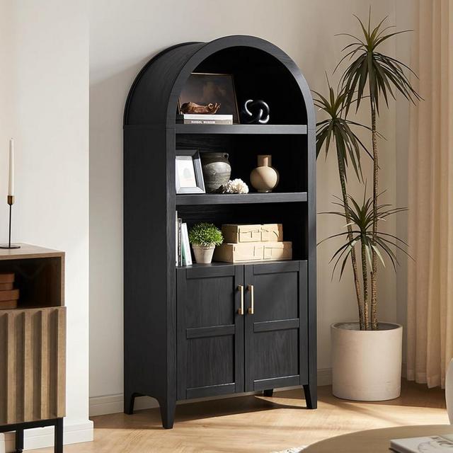 mopio Lauren 65.4" Short Arched Cabinet, 5-Tier Arched Bookcase with Doors and Shelves, Mini Arched Bookshelf with Storage, Kitchen Pantry Cabinet, Wooden Storage Cabinet for Living Room (Black)