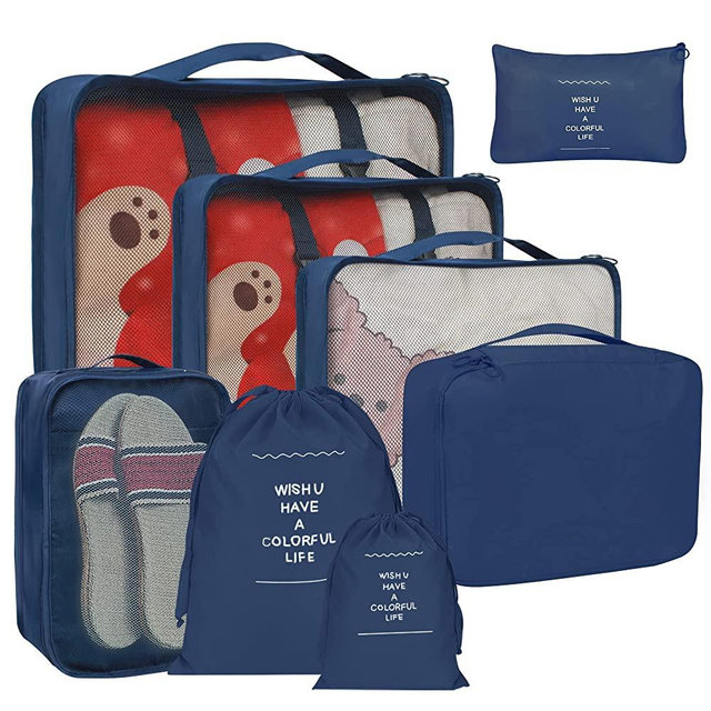8 Set Packing Cubes for Suitcases, kingdalux Navy Blue Travel Luggage Packing Organizers with Laundry Bag, Compression Storage Shoe Bag, Clothing Underwear Bag, for Women & Man