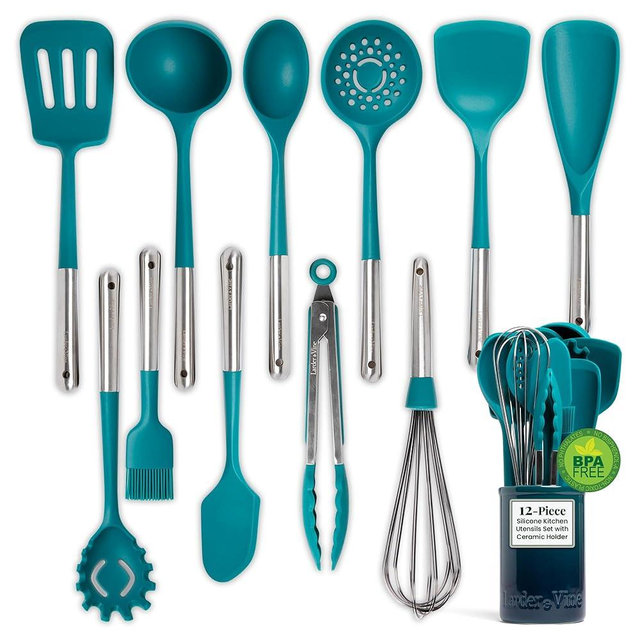 12-Piece Silicone Cooking Utensils Set | Silicone Utensils with Stainless Steel Handle and Ceramic Holder | Kitchen Utensils Set | Dishwasher Safe Set of Kitchen Essentials | Bondi