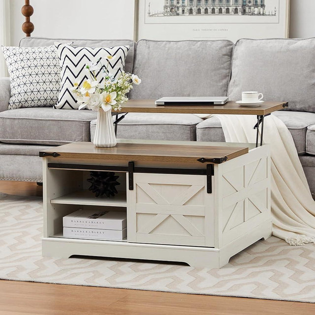 Tltaroni Farmhouse Lift Top Coffee Table, Wood Square Coffee Table with Sliding Barn Door and Adjustable Shelf Rustic Center Table with Hidden Storage Compartment for Living Room, Rustic White