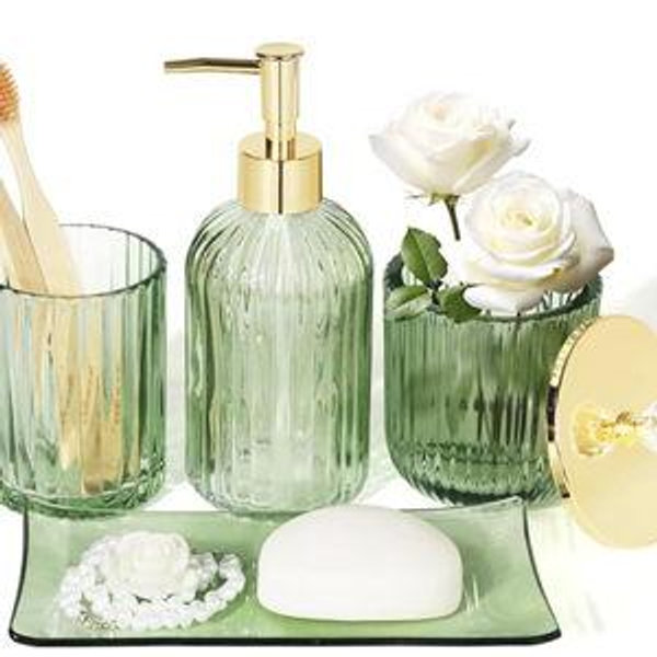 Designer Green Glass Bathroom Accessories Sets - 4 Pcs with Lotion Soap Dispenser, Bathroom Toothbrush Holder, Vanity Tray, and Apothecary Jar, Vintage Bathroom Decor, Gift Countertop Organizer