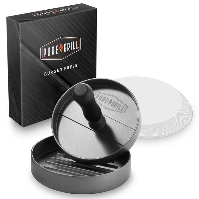 Pure Grill Burger Press, Aluminum BBQ Patty Maker with 100 Wax Papers for Grilling Hamburgers