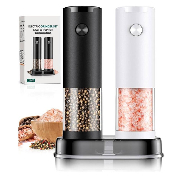 Electric Salt and Pepper Grinder Set Automatic Battery Pepper Mill Shakers Adjustable Coarseness Easy Filling Upgraded Larger Capacity with Led (2 Pack Black/White）