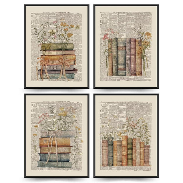 PLKMN Vintage Floral Wall Decor, Retro Rustic Library Book Club Gifts, Book Themed Party Decorations 4 Pcs, Bookish Posters for Women Girls, Wildflower Books Wall Art Decor for Home Living Room Bedroom Bathroom Dorm Classroom 12x16 Unframed