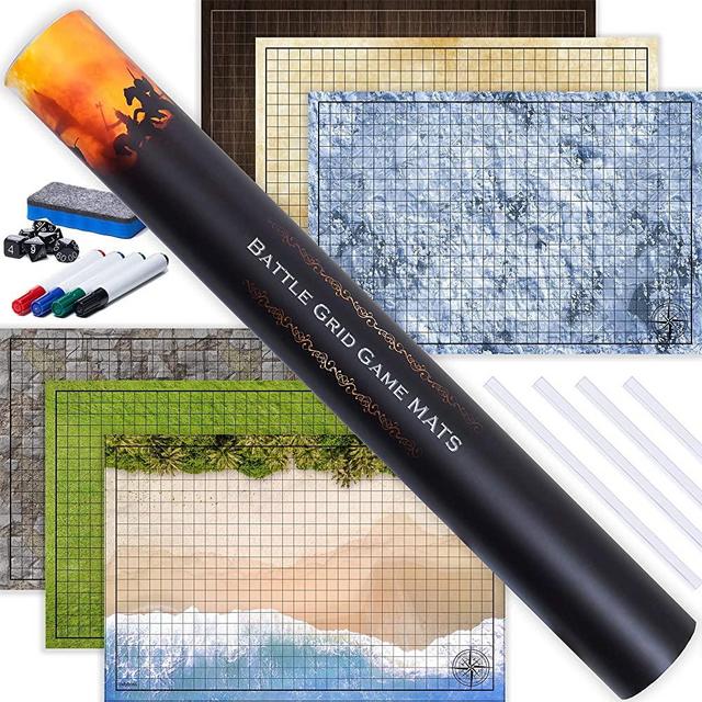 Tidyboss Battle Grid Mat -3X Double Sided Game Mat Set 24x36-6 Terrains Tabletop Mat, Dry Erase Markers, Eraser, Dice and Clips -RPG Battle Terrain Dungeons and Dragons Starter Set