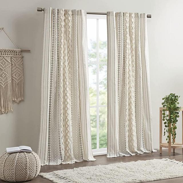 INK+IVY Imani Cotton Geometric Print, Tufted Chenille Stripe Single Panel Window Curtain, Texture, Mid-Century Look Easy to Hang, Fits up to 1.25" Diameter Rod, 50" x 84", Ivory