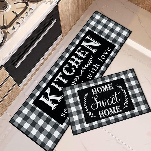 Arttown Farmhouse Kitchen Rugs and Mats Non Skid Washable Set of 2, Buffalo Grid Mats for Floor, Home Sweet Home Runner Rug, Black White Kitchen Decor