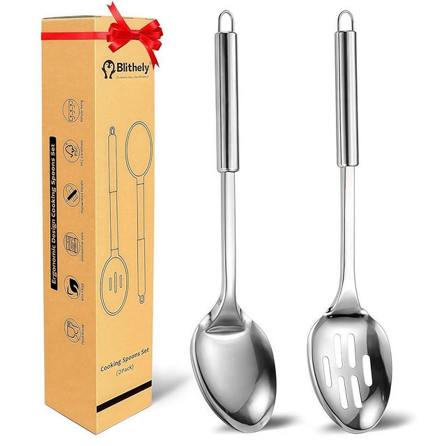 2 Pack Large Cooking Spoon Set, Stainless Steel Serving Spoon and Slotted Spoon for Cooking, Heat Resistant Long Basting Spoons with Round Handle for Mixing and Serving Food