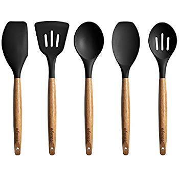 Miusco Silicone Cooking Utensils Set with Natural Acacia Hard Wood Handle, Black, 5 Piece