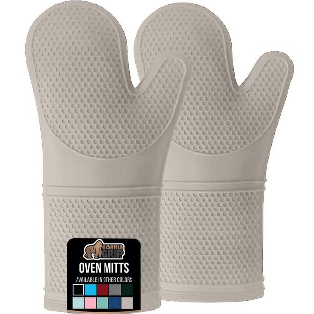 Gorilla Grip Extra Long Heat Resistant Silicone Oven Mitts Set, Soft Quilted Lining, Waterproof Flexible Gloves for Cooking and BBQ, Kitchen Mitt Potholders, Easy Clean, Set of 2, 14.5 Inch, Almond