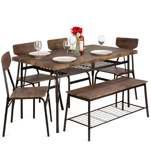 Best Choice Products 6-Piece 55in Modern Dining Set for Home, Kitchen, Dining Room w/Storage Racks, Rectangular Table, Bench, 4 Chairs, Steel Frame - Brown