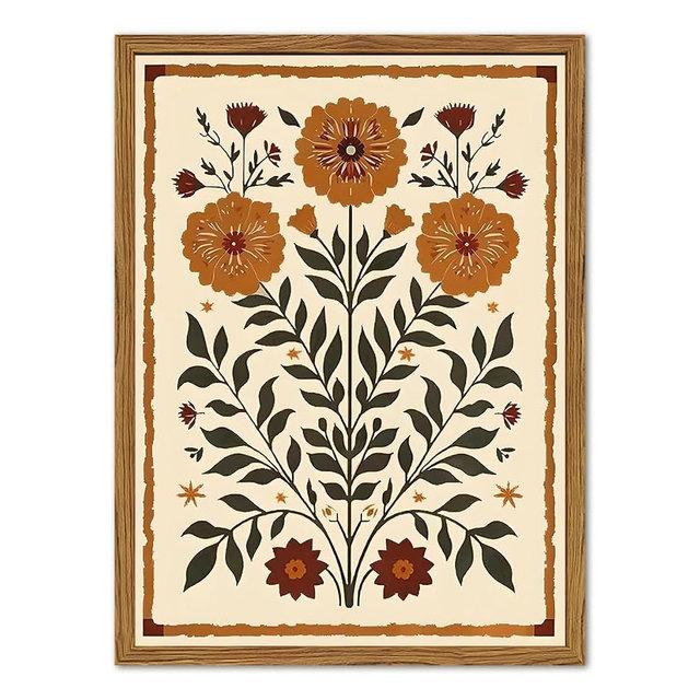 Framed Vintage Mexican Floral Wall Art, Boho Flower Pictures Wall Decor, Folk Marigolds Botanical Paintings Canvas Prints Rustic Home Decor for Living Room Bedroom 16x24 inch