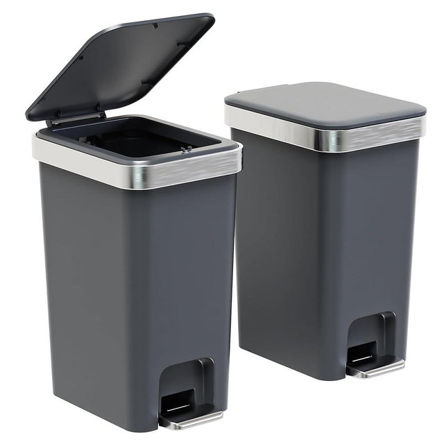 onlcuk 2Pack Small Bathroom Trash Can with Lid Soft Close, 10 Liter/2.6 Gallon Slim Garbage Can-Metal Step and Press top Lid, Mini Modern Waste Basket for Toilet, Office, Bedroom,Dorm,Dark Gray