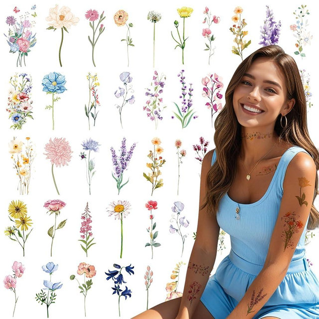 JoyfulGlam 80 PCS Flower Temporary Tattoos for Women Realistic Floral Fake Tattoo Stickers Adult Wildflower Party Decorations Supplies Favors