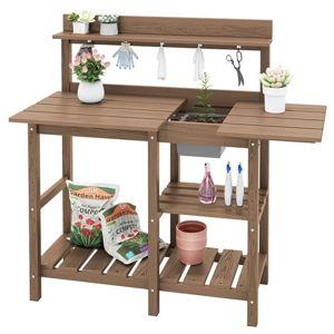 SERWALL Outdoor Potting Bench with Removeable Sink,Rot-Resistant HDPE Potting Table for Outside Gardening, All Weather Use - Brown