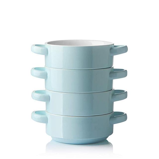 SWEEJAR Ceramic Soup Bowl with Double Handles, 20 Oz Stacked Bowls for French Onion Soup, Cereal, Stew, Chill, Pasta, Set of 4 (Turquoise)
