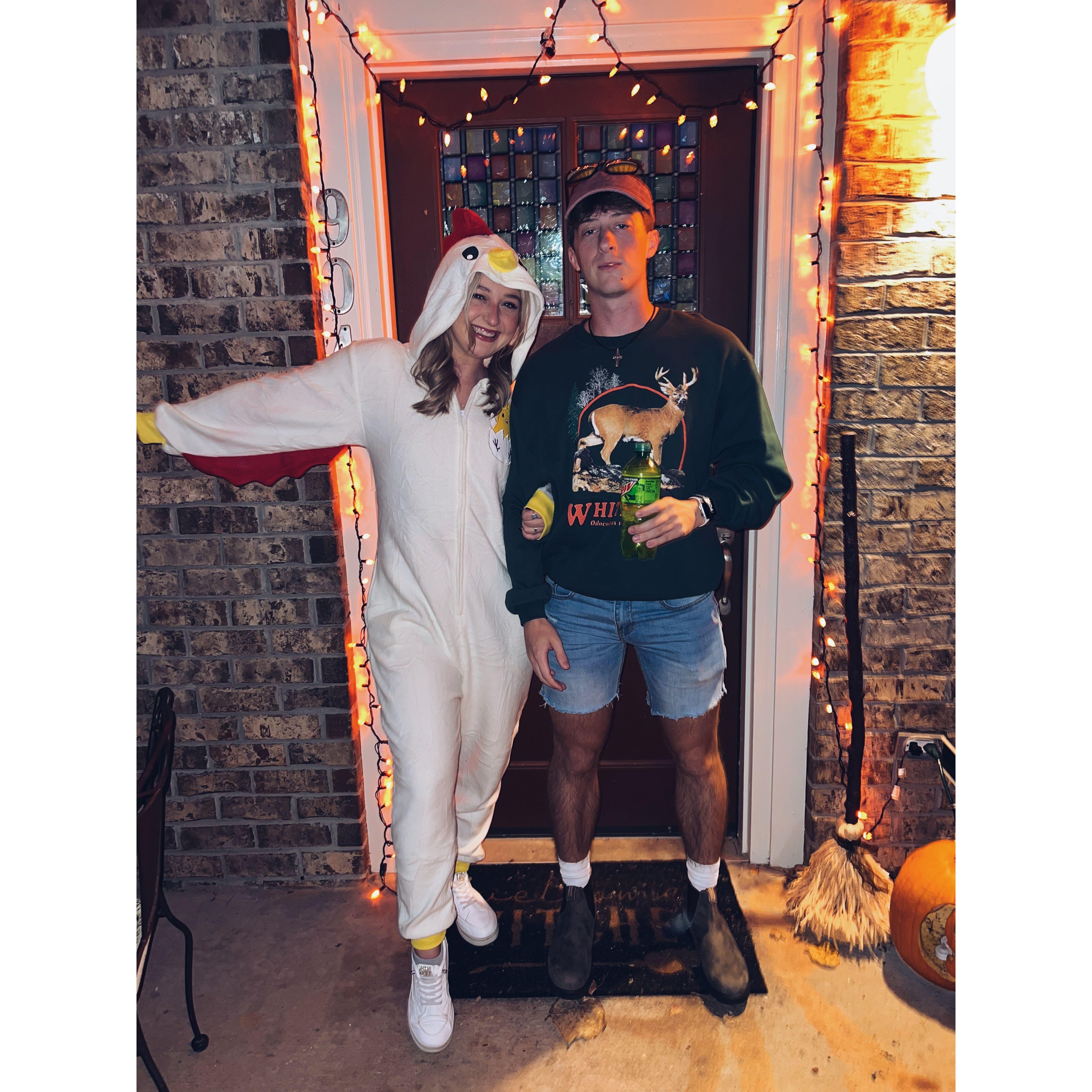 october 2024: our first halloween, dressed as the chicken and the farmer (aka my father)