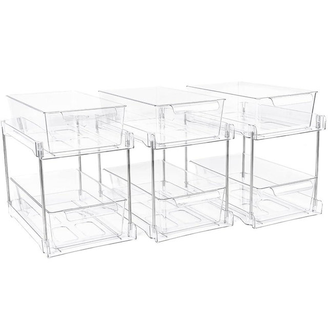 Zero Zoo 3 Pack 2-Tier Bathroom Under Sink Organizers and Storage - Clear Stackable Containers for Kitchen, Pantry, Vanity, Medicine Cabinet, Makeup, and Counter with Pull-Out Track