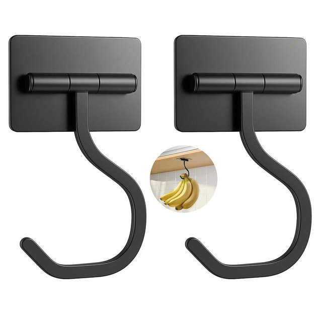 bussdis Short Banana Hook Under Cabinet - 2 Pack Adhesive Banana Hanger Under Counter, Metal Banana Holder Stand for Hanging Bananas or Kitchen Utensil, Keeps Bananas Fresh, Black