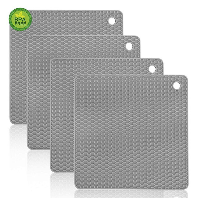 Walfos Silicone Trivet Mats - 4 Heat Resistant Pot Holders, Multipurpose Non-Slip Hot Pads for Kitchen Potholders, Hot Dishers, Jar Opener, Spoon Holder, Food Grade Silicone & BPA Free (Square)