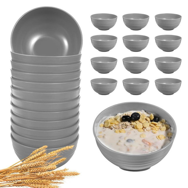 HEYCOME 12 Pcs Unbreakable Cereal Bowls Set, 26 Oz Wheat Straw Bowls Set, Microwave & Dishwasher Safe Bowls for Kitchen, Reusable Plastic Bowls for Soup, Salad and Snack, BPA Free, Light Gray