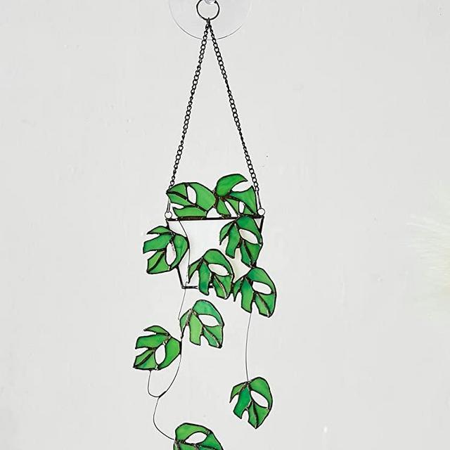 AITONGXIAO Monstera Hanging Plant Home Fake Monstera Decor Stained Glass Window Hanging Art suncatcher House Fake Plant