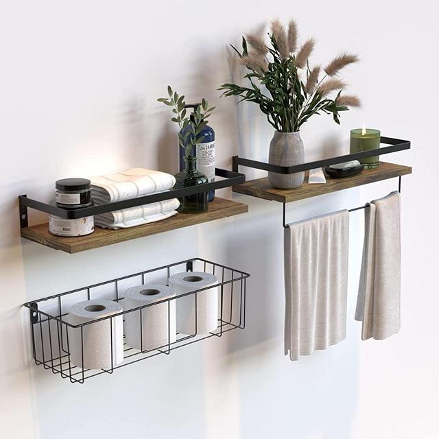 Floating Shelves with Metal Basket Set by RICHER HOUSE, Rustic Wall Shelves with Removable Towel Bar, Farmhouse Floating Bathroom Shelves for Kitchen and Bedroom - Rustic Brown