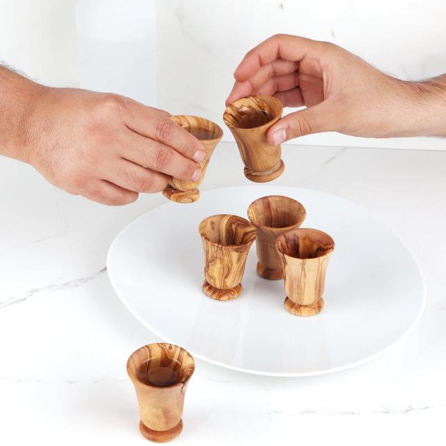 Set of 6 Shot Glasses made of Tunisian Olive Wood, Carved Wooden Small Cups, Christmas Shot Glass (+Free ArtisRaw Wood Beeswax)