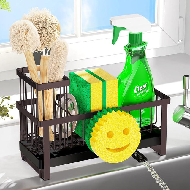 Taugast Sponge Holder for Kitchen Sink,Sink Caddy with Removable Dish Brush Holder,Self-Draining Kitchen Countertop Organizers and Storage Essentials,Soap Dispenser Organize and Home Decor-Bronze