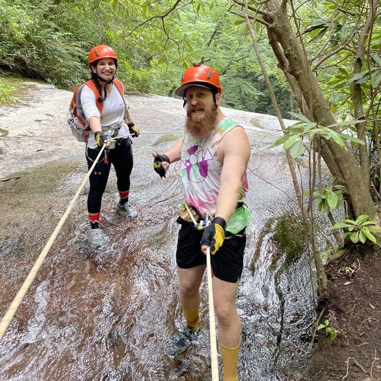 Waterfall rappelling in Asheville, NC near the French Broad River